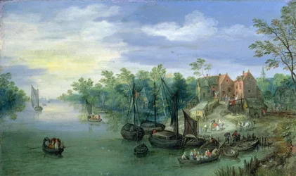 Flodfarkost nära en brygga, 1597