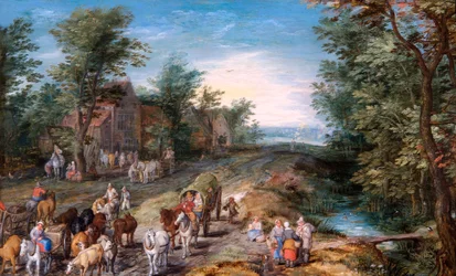 Vägbild med resenärer och boskap, ca 1611 (olja på ekpanel)