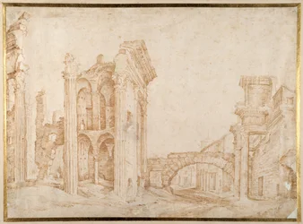 Ruinerna av det antika forumet i Nerva, Rom ("Forum Transiterius") i avståndet från Campanile SS. Quirico och Giuletta (penna och bläck på papper)