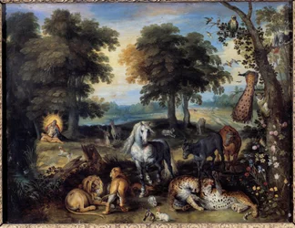 Det jordiska paradiset. Olika djur lever tillsammans i Edens lustgård; längst ned till vänster skapar Gud Eva ur Adams sida. Målning av Jan Bruegel (eller Breugel eller Brueghel eller Breughel) den äldre, känd som Bruegel de Velours (1568-1625), 1600-talet