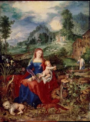 Den heliga familjen med jungfrudjur som bläddrar i en bok och håller barnet Jesus, omgiven av en hund, räv, fåglar, krabba, uggla, papegoja; groda, snigel och iris. Målning av Jan Breugel den äldre kallar Bruegel de Velours (Brueghel eller Breughel