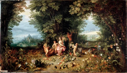 De fyra elementen: "Jorden"" Allegori. Utsikt över det jordiska paradiset med frukt, grönsaker, blommor och djur (inklusive marsvin (hamster) Målning av Jan Breugel Le Vieux kallar Bruegel de Velvet (Brueghel eller Breughel)