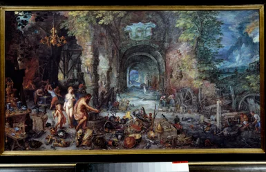 De fyra elementen: "The Fire"" Allegori. Kom och Vulcan i smeden, gör vapen till deras son Enee. Runt dem arbetar smeder och guldsmeder med rustningar, vapen, vaser, smycken, drickskoppar, fat och kittel. Målning av Jan Breugel Le V