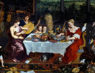 Smaken. Detalj som representerar en måltid av skaldjur, fjäderfä i närvaro av musiker. Målning av Jan Brueghel Le Vieux kallar Brueghel de Velours (Brueghel eller Brueghel