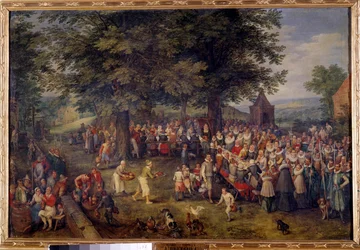 Bröllopsbankett Scen bröllopsmiddag i en by. Målning av Jan Brueghel (eller Bruegel eller Brueghel eller Brueghel) den tidigare känd som Bruegel de Velours (1568-1625) 1600-talets Madrid, Musee du Prado