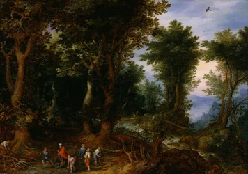 Skogbevuxen landskap med Abraham och Isaac, 1599