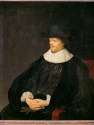 Constantijn Huygens, holländsk poet och konstnärsvän, far till läkaren Christiaan Huygens ... (olja på trä)