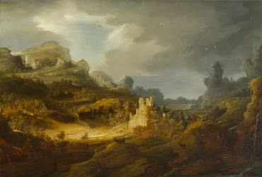 Fantastiskt landskap, cirka 1643-1645 (olja på vaggad panel)