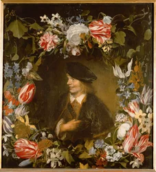 Porträtt av en ung man omgiven av blommor (målning på ek)