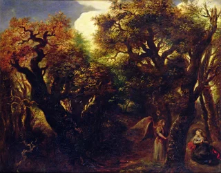 Skovklædt landskab med Hagar og englen, ca. 1645 swed