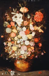 Ett stilleben av blommor i en träbalja, ca 1630-talet