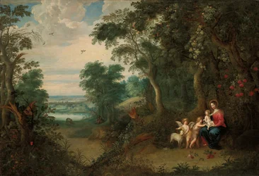 Ett skogslandskap med jungfrun och barnet, spädbarnet Johannes döparen och en ängel