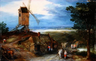 Ett omfattande landskap med resenärer (olja på panel)