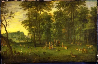Ärkehertig Albrecht VII av Österrike och ärkehertiginnan Isabella Clara Eugenia går i parken vid det kungliga slottet i Bryssel, 1621