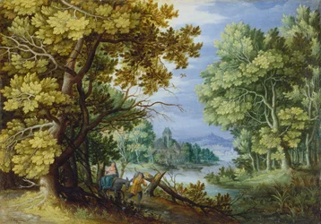 Skogslandskap med flykt till Egypten, ca 1620-50 (olja på koppar)