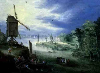 Flodlandskap med väderkvarnar (olja på panel)