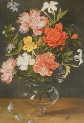 Stilleben av nejlikor och andra blommor