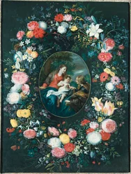 St. Katarinas mystiska äktenskap i ett landskap, omgivet av en blomsterkrans