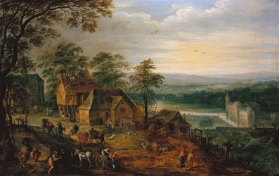 Bygata med figurer och vagnar, ett moated slott i bakgrunden