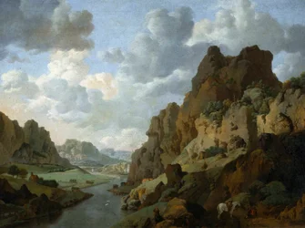 Holländska: Bergslandskap med vilande resenärer Klippigt landskap.