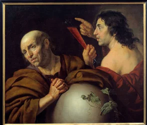 Heraklit och Demokrit De grekiska filosoferna Heraklit från Efes (Heraklit) (535-475 f.Kr.) och Demokrit (Demokrit) (460-370 f.Kr.). Målning av Jan van Bijlert (1597-1671) 1600-talets Utrecht. Centralmuseet