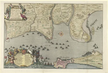 Karta över den allierade landningen och expeditionen i Cadiz, 1702 Plan av Dissante för landstigning i Spangien för Cadix med Campements och Marse utförd av hertigen av Ormont och generalen Majoor och Baron de Spar Ceedert den 26 augusti till
