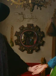 Arnolfini Marriage, detalj av spegel, 1434 olja på panel