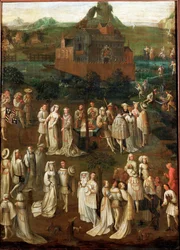 Hovsällskapet framför ett burgundiskt slott (olja på trä)