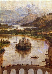 Landskap”” Detalj av “” Jungfrun av kansler Rolin””” Nicolas Rolin (1376-1461) var kansler i Bourgogne under Philippe Le Bon och grundare av Hospices de Beaune 1443. Målning av Jan van Eyck (1390-1441)
