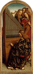 Gentaltaret. Tillbedjan av det mystiska lammet: musicerande änglar, 1432.
