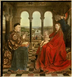 Kansler Rolins madonna. Nicolas Rolin (1376-1461) var kansler i Burgund under Filip den gode och grundare av Hospices de Beaune 1443. Målning av Jan van Eyck (1390-1441). 1400-talet. Sun. 0,66x0,62 m Paris
