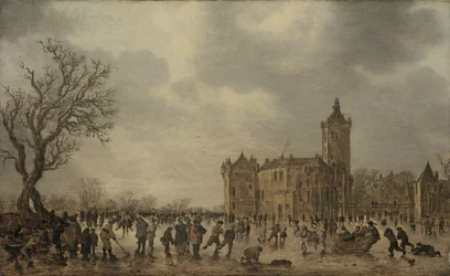 Ett vinterlandskap med figurer som desporterar på isen vid slottet Montfoort