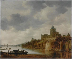 Holländska: Rivier Landskap med utsikt över Valkhof, Nijmegen River Landskap med utsikt över Valkhof, Nijmegen