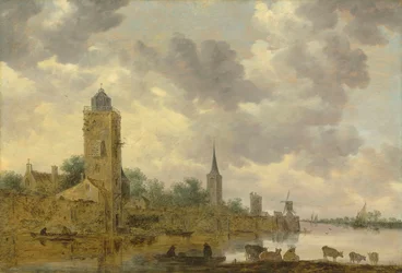 Landskap med stadsmur och fyr