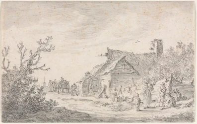 Landskap med stuga och figurer