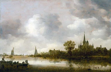 Flodlandskap med en kyrka i fjärran
