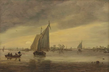 Soluppgång över Haarlemmermeer med ett schmalship och andra båtar