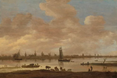 Utsikt över en imaginär stad över en flod, med Saint Pols torn i Vianen