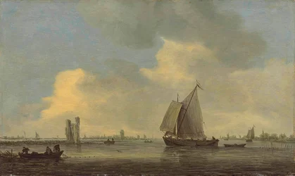 Utsikt över floden Merwede och ruinen av Huis te Merwede; i bakgrunden Dordrecht