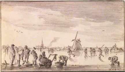 Vinterlandskap med skridskoåkare och fiskare
