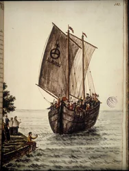 Pilgrimernas båt. Akvarellteckning och tusch från manuskriptet "Venitianernas seder"" av Jan van Grevenbroek (eller Giovanni Grevenbroich (Grevenbroich) (1731-1807)