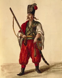 Karbinuniform, av Jan van Grevenbroeck eller Giovanni Grevembroch (1731-1807), Gli Abiti de Veneziani, från illustrerad kostymbok, akvarell