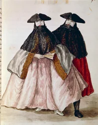 Karnevalskaraktärer i Venedig, illustration från illustrerad bok med venetianska dräkter, av Jan Grevenbroeck (1731-1807), akvarell, Italien