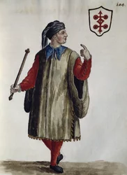 Carrarese klänning, akvarell från De venetianska kläderna, av nästan alla åldrar, flitigt insamlade och målade på 1700-talet, av Jan van Grevenbroeck eller Giovanni Grevembroch (1731-1807), Italien