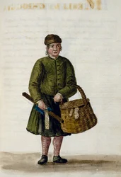 Chioggiansk spetsförsäljare, illustration från manuskript av venetianska kläder, volym IV, c 68, av Jan Grevenbroeck (1731-1807), akvarell, Italien