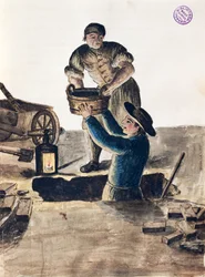 Rengöring av allmänt avlopp, illustration från Illustrerad bok med venetianska dräkter, av Jan Grevenbroeck (1731-1807), akvarell, Italien