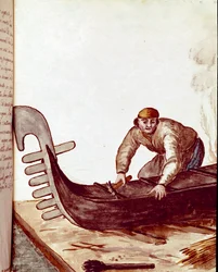 Hantverk: tillverkaren av gondoler Akvarellteckning och tusch från ett manuskript av Jan van Grevenbroeck (eller Giovanni Grevembroch (Grevenbroch) (1731-1807)