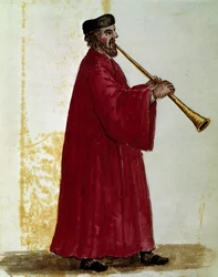 Flöjtspelare Akvarellteckning och tusch från manuskriptet "Venitianernas seder"" av Jan van Grevenbroek (eller Giovanni Grevenbroich (Grevenbroich) (1731-1807)