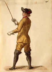 Gentleman i riddräkt, av Jan van Grevenbroeck eller Giovanni Grevembroch (1731-1807), Gli Donne de Veneziani, från illustrerad kostymbok, akvarell
