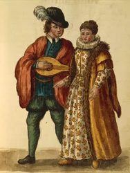 Gli Abiti de Veneziani av Jan van Grevenbroeck eller Giovanni Grevembroch, illustrerad bok med kostymer och masker, akvarell